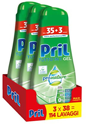 Pril Gel All in One Schmelzfett Spülmaschine Flüssigkeit Mehrfachwirkung Schwer Schmutzabweisend - 3 Packungen mit 38 Waschgängen (114 Waschgänge)