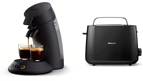 Philips Senseo Original Plus CSA210/60 Kaffeepadmaschine (Kaffeestärkewahl, Kaffee Boost Technologie), schwarz & HD2581/90 Toaster, integrierter Brötchenaufsatz, 8 Bräunungsstufen, schwarz