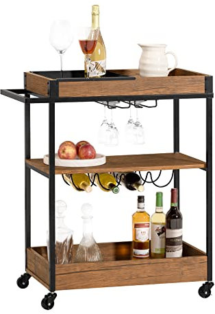 SoBuy SVW19-N Servierwagen mit 3 Ablagen und 1 abnehmbaren Tablett Küchenwagen Rollwagen Barwagen Natur BHT ca.:77x90x41cm