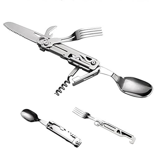 delr 5 ustensiles pliables, couverts de camping multifonctions – Cuillère en acier inoxydable, couteau fourchette, tire-bouchon, décapsuleur, pour les voyages en plein air, la randonnée, les couverts