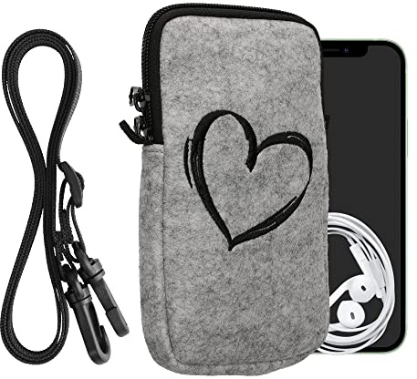 kwmobile Handytasche für Smartphones L - 6,5 - Filz Handy Hülle Schwarz Hellgrau - Handy Tasche mit Kette 16,5 x 8,9 cm Innenmaße - Herz Brush