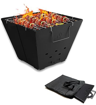Snowpea Tragbare Feuerstelle für Camping, zusammenklappbare Außengrube, zusammenklappbar mit Tragetasche, Eisenschüssel Picknicks, Lagerfeuer, Terrasse, Hinterhof und Garten - Top Grill, Schwarz (FP
