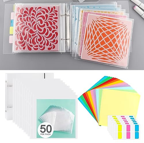 Briartw Classeur de rangement pour biscuits – Pochoirs de 15,2 x 15,2 cm, pochoirs de découpes, scrapbooking, rangement de tampons transparents – Comprend 1 couverture, 50 pochettes, 50 feuilles de