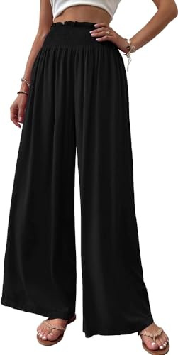 Cicy Bell Damen Hosen Elastische Hohe Taille Palazzo Hose Gerade Weite Beinhose Lounge Sommerhose mit Taschen Schwarz XXL