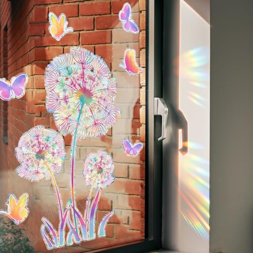 Löwenzahn Fensterbilder Prisma Fensteraufkleber Suncatcher Sticker Vogelschutz Prism Fenster Abziehbilder Vögel Anti Kollisions Schmetterling Aufkleber Sonnenfänger für Fensterfolie Glasscheiben