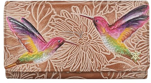 Anuschka Handbemalte Geldbörse für Damen, echtes Leder, RFID-blockierend, Akkordeon-Klappe, Tooled Birds Tan