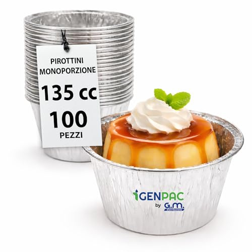 GM 100 Pirottini Alluminio Budino 135cc, Cocotte Monoporzione da Forno, Vaschette Alluminio monouso circolari da 8,5cm, Stampi per Dolci monoporzione Usa E Getta, Stampi per Muffin adatti al Microonde