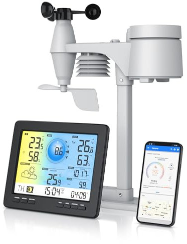 Brandson - Wetterstation Wlan mit Außensensor 5 in 1 – Funk - Wetterdaten per App WiFi - Wettervorhersage - Innen und Außentemperatur – Windmesser und Regensensor - Windrichtung - LCD Farbdispay