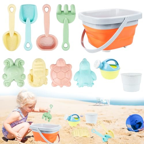 Lnjya Strandspielzeug für Kinder,11 Stück Sandspielzeug Strandspielzeug Kinder, Sandkasten Spielzeug, Sandspielzeug Mit Faltbarer Eimer,Gartenspielzeug für Ab 1 2 3 4 5 Jahre Mädchen Junge