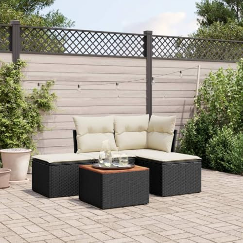 Rantry 5-TLG. Garten Sofagarnitur mit Kissen Gartensofa mit Stauraum Gartenlounge Balkonmöbel Gartenmöbel Loungesofa Sitzgruppe Rattansofa mit Gartentisch Ecksofa Gartenset Schwarz Poly Rattan