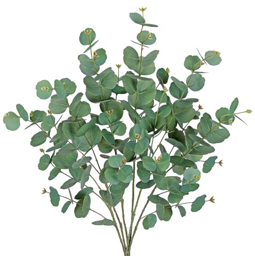 Hollyone 6PCS Künstliche Eukalyptus Stiele 86cm Kunstzweige Gefälschte Pflanzen Zweige Silber Dollar Blätter Faux Grün Blätter Stiel für Hochzeit Blumenstrauß Vase Tisch Centerpiece Dekoration