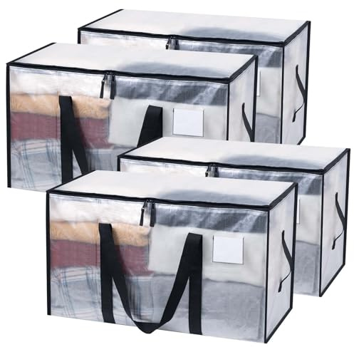 JOJOSEE Clear Clothes Storage Bags, 91L Large Moving Bag (Clear, 4 Pack) | Heavy Duty Moving Boxes, Transparent Large Wardrobe Organiser, Packing Bags with Zips Lids, For Duvet Toys