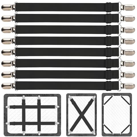 OdiuK Bettlakenspanner, 8 Stück verstellbar 67–250 cm mit Metallclips | Elastische Bettlakenspanner für Bettlaken, Matratzen, Sofas und Bügelbretter – einfach anzubringen und wiederverwendbar