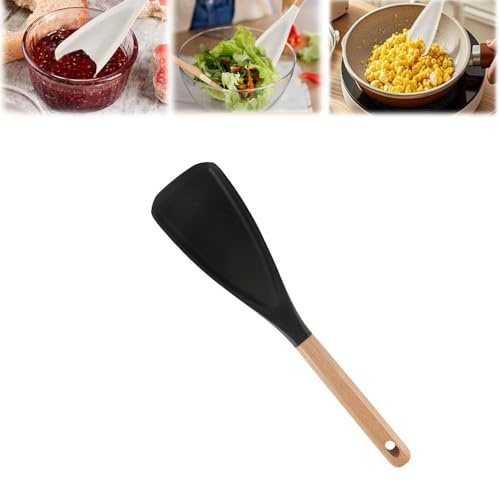 Cucchiaio spatola multifunzione per cucina, cucchiaio per mescolare, raschietto, cucchiai da portata in silicone con manico in legno per pentole antiaderenti (Nero)
