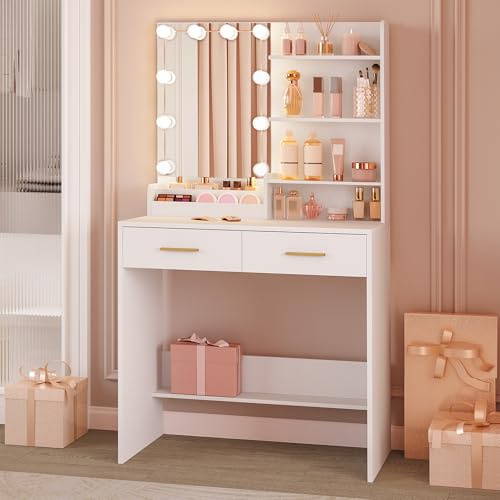 Hzuaneri Dressing Table with LED Lighting, Adjustable Brightness, Vanity Desk with Mirror, Dresser with 2 Drawers, 4 Open Shelves and 2 Compartments, Bedroom, Living Room, White DT39203XUK
