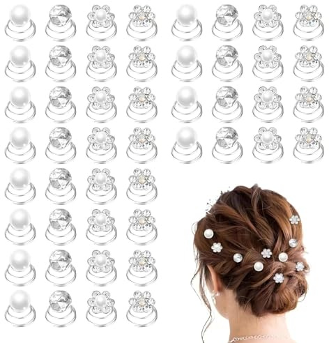 48 Pcs 4 Styles Diamond Spiral Pearl Flower Jewels Hair Pins Sticks Silver Rhinestone Diamond Hair Pins Gems Coil Pearl Spiral Hair Accessories for Wedding Bridal Prom Party with Clear Container