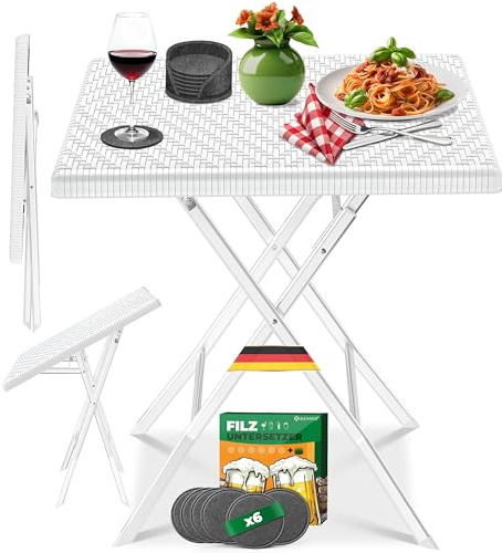 KESSER® Table de balcon pliable Résistante aux intempéries et UV En acier rotin Table extérieure avec 6 dessous de verre en feutre Charge maximale : 100 kg