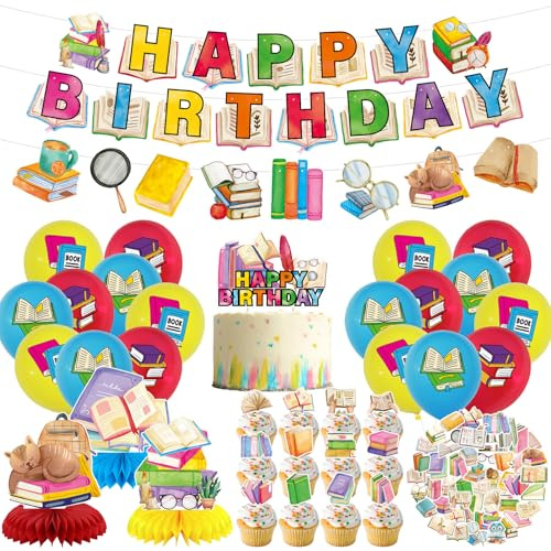 Books Party Decorations,Includes Happy Birthday Banner, Cake Toppers, Books Stickers,Balloons,Honeycomb Centerpieces,for Library Party Supplies