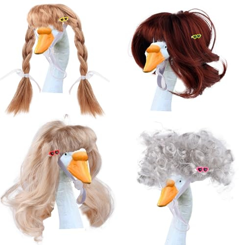 Gosknor 4pcs Porch Goose Wigs with 4 Hair Clips, Goosey Braid Wig Hair Funny Outfit Clothes Accessories Costume for Lawn Cement Duck Statues Yard Outdoor Garden Desk Decor