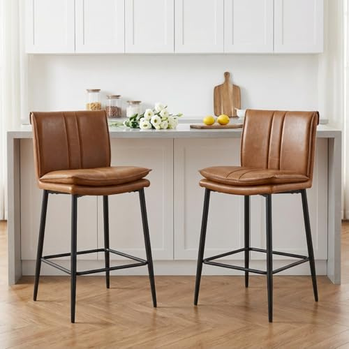 Ya-Home Bar Stools Set of 2 Pu Leather Upholstered Bar Chairs, Brown | Modern Style, Easy Clean Faux Leather , Sturdy Metal Legs, Comfortable Cushion, for Kitchen Island/Breakfast Bar