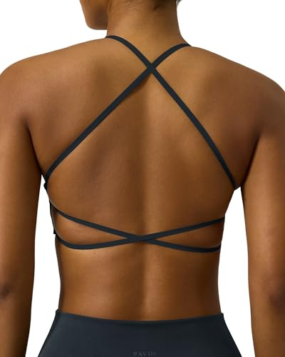 PAVOI ACTIVE Open Back Strappy Yoga Workout Bras for Women - Low Support Criss-Cross Sports Gym Bra Removable Pads - FlexFlow, Small, Slate, A-C Cups