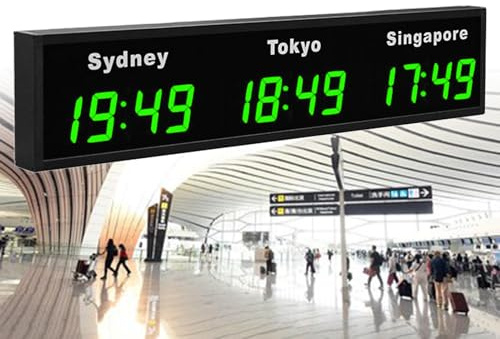 Grande Orologio Mondiale Digitale a LED, Orologio Digitale a Colori con Fusi Orari Multipli, Orologio da Parete con 3/4/5 Città, per Hotel/Aeroporti/Multinazionali,Green-3City