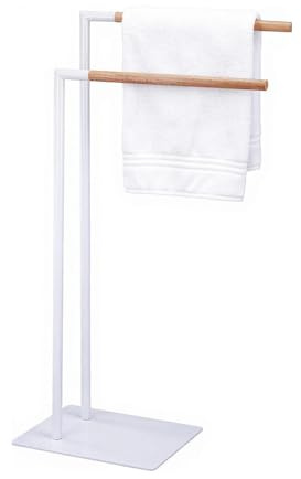 Amig – Porte-Serviettes sur Pied Blanc avec Barres en Bois – Support Double pour Serviettes de Bain – Style Minimaliste avec Base métallique Stable – sans perçage