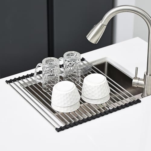 KitchenRaku Scolapiatti da Appoggio 43x40cm | Tappetino Pieghevole per il Lavandino in Cucina | Acciaio Inox 304 | Scolapiatti per il Lavello della Cucina (per Tazze, Frutta e Verdura), Nero