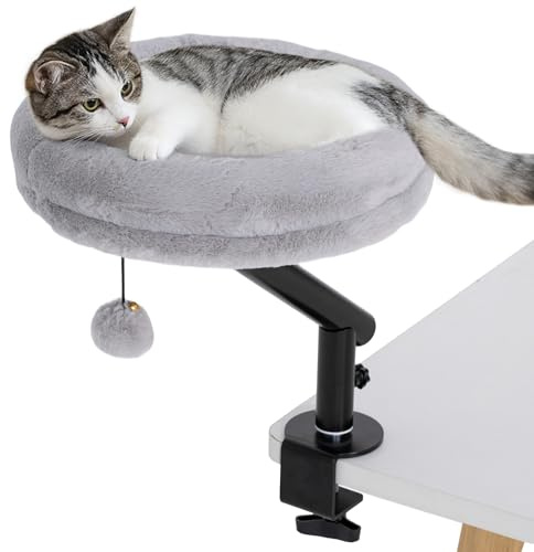 PawHut Cat Bed for Desk, 360° Rotatable Adjustable Elevated Cat Desk Bed, Comfortable Soft Plush Kitten Hammock Nest Cushion Machine-Washable
