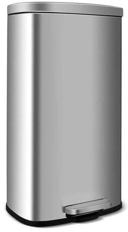 LIFERUN Cubo de basura de cocina de 30 l, cubo de basura con tapa, cubo de basura con pedal de cierre suave de acero, con cubo interior para cocina, baño, oficina, color plateado