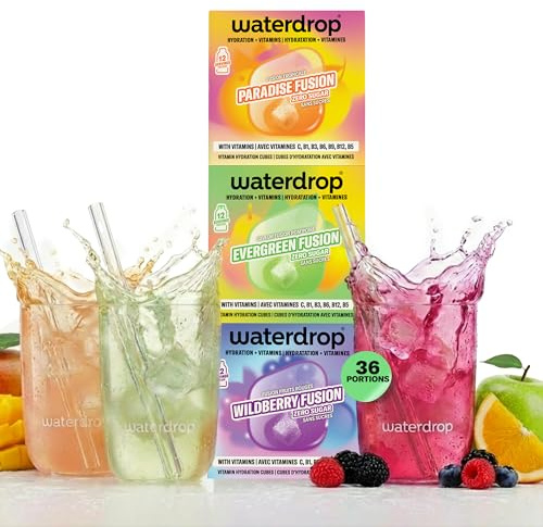waterdrop® Microdrink FUSION COLLECTION - Set de 36 Pastillas Saborizantes para Agua - Mix de Frutas - Vitaminas C y B12 - Sin Azúcar y Bajo en Calorías - Alternativa Saludable a los Refrescos