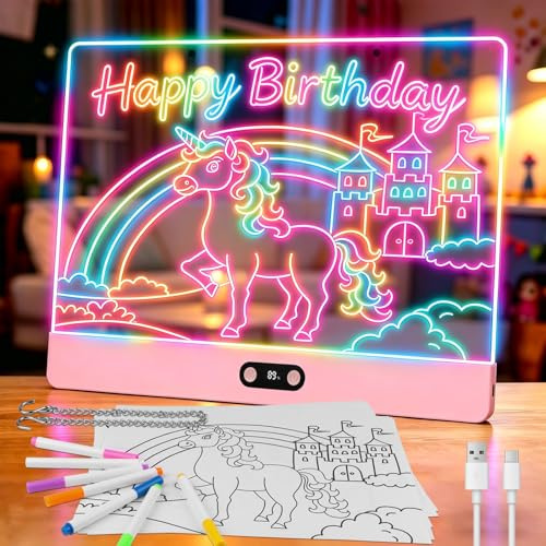 Lavagna da Disegno a LED Ricaricabile per bambini con Luci RGB,Rosa | Grande Tappetino Luminoso in Acrilico 35x26cm,8 Colori Statici & 3 Modalità Dinamiche,Supporto Nascosto per Ricalco e Arte