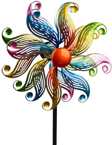 Kremers Schatzkiste Moulin à vent en métal multicolore à roulement à billes - Diamètre : 25 cm/112 cm - Avec piquet - 3 pièces - Décoration de jardin résistante aux intempéries pour parterre, pelouse
