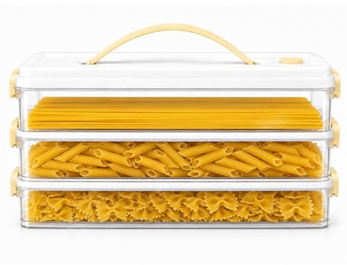 Punorric Pasta Storage Containers with 3 Detachable Stackable Layers, Spaghetti Storage Jar with Date Lid and Silicone Handle, Clear Pasta Jars for Pantry Storage Containers and Kitchen Storage
