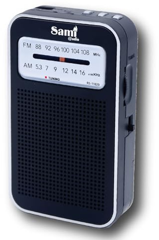 Sami Radio Portátil de Bolsillo Am/FM con Bluetooth, Reproductor MP3 (USB/SD), Batería Recargable y Pilas AA – Diseño Vertical Compacto con Carga USB-C, Color Negro