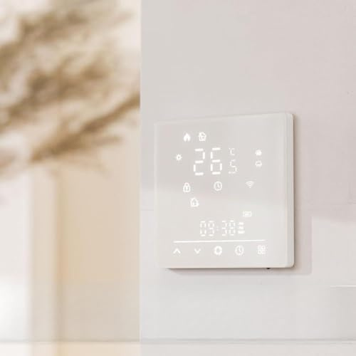 FACAIIO Termostato per riscaldamento a pavimento dell'acqua domestica, per gestione remota abilitata all'app Tuya, interfaccia touch in vetro 2.5D, display clima e umidità in tempo reale, spegnimento