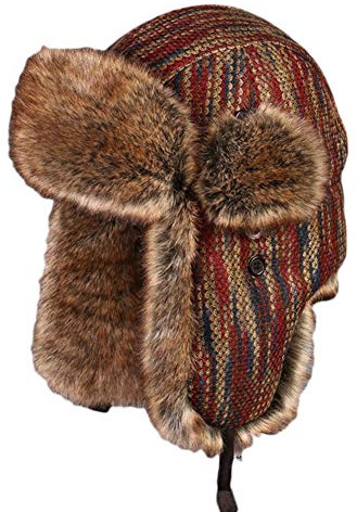 Insun Unisex Fliegermütze mit Kunstfell Warme Trappermütze Gestrickt Wintermütze Erwachsenen Winter Mütze für Herren