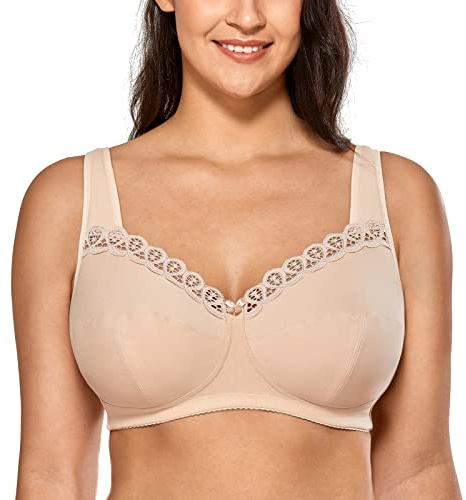 DELIMIRA Reggiseno Cotone Senza Ferretto in Pizzo Taglie Forti Morbido Senza Imbottitura Coppa Piena Beige 4C