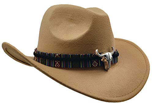 Yosang Westernhut Cowboyhut mit breiter Krempe für Damen und Herren, Westernhut für Outback und Herren, mit Bullenkopf aus Metall, beige, Einheitsgröße