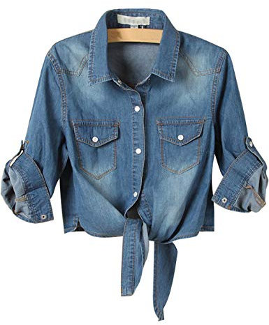AMEBELLE Women's Roll Up 3/4 Sleeve Tie Front Knot Shirt Chambray Denim Crop Top(0088-DarkBlue-L)