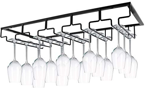 MOCOUM Weinglasregal unter dem Schrank, Stielglasregal, Glasaufhänger, Draht-Glashalter, Aufbewahrungsbügel für Schrank, Küche, Bar (schwarz, 5 Reihen, 1 Stück)