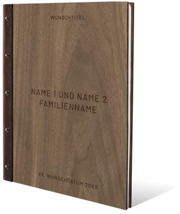 Stammbuch Gravur individuell Okoume Holz Cover mit Echtleder Rücken inkl. vorgedruckte Seiten und Klarsichthüllen DIN A4 (240 x 310 mm) - Schlicht