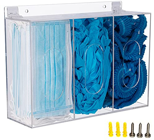 Heyrelda Acrylic Face Mask Storage Dispenser Box with 3 Compartment Holder Station with Lid for Disposable Hairnet & Shoe Cover，Wall Mount Holes or Tabletop Holder (Clear)
