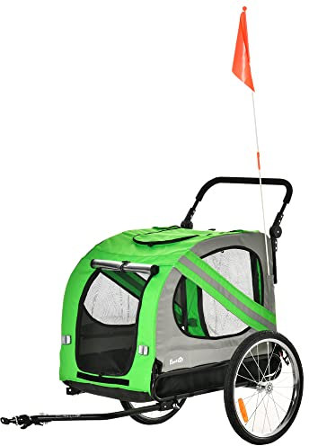 PawHut Remolque de Bicicleta para Perros 2 en 1 Carrito de Transporte para Mascotas con Puertas Enrollables Cinturón de Seguridad Bandera y 6 Reflectores Carga 30 kg 140x72,5x108 cm Verde