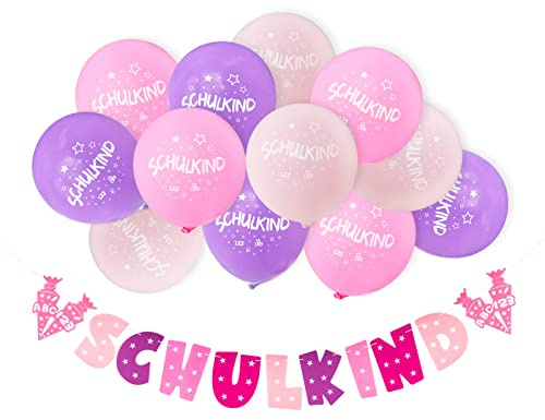 Einschulung Deko Mädchen Rosa Lila Girlande Schulanfang Banner Filz mit 12 Pcs Schulkind Luftballons für 1. Schultag Schuleinführung Dekoration Schulanfang Schulstart Einschulungsfeier usw.