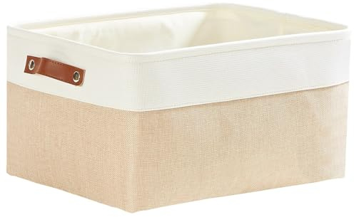 Mangata Faltbare Aufbewahrungskörbe mit Ledergriff,Verdicktes Canvas-Stoff Aufbewahrungsbox für Spielzeug, Kleidung, Zuhause, Wäsche (Helles Khaki/weiß, Large)