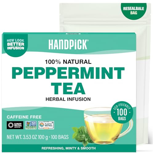HANDPICK, Peppermint Tea Bags (100 Count) Non-GMO, 100% Pure Peppermint Herbal Tea Bags - Minty, Fresh & Cool flavor | Premium Round Eco-conscious Tea Bags