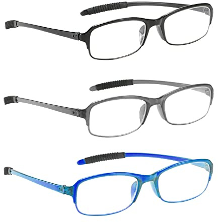 NRDIK PROFLEX SpareSpecs Lesebrillen (3er-Pack) – leicht, schlagfest, kratzfest, biegsam, flexibel, rutschfest, Unisex (Herren + Damen) (Oval; BLK, BLU, GRY; +4,0)