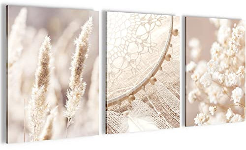 Novart Wandbilder Set Boho Style - KOMPLETT AUFHÄNGFERTIG - Wohnzimmer Schlafzimmer Deko - 3 Moderne Bilder Beige - N008735a