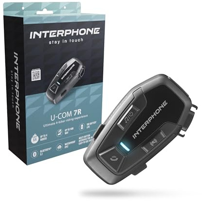 INTERPHONE U-Com 7R | Singel | Moto Bluetooth 5.2 Intercom Avtagbart och inbyggt batteri 15 timmar Autonomi, 4 Moto 1 Km, TFT & GPS-kompatibel, vattentät, 32 mm högtalare, för alla hjälmar